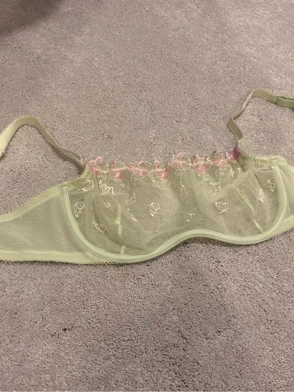 PINK Victoria's Secret Sheer Lace Underwire Bra in Pale Green with Pink Trim